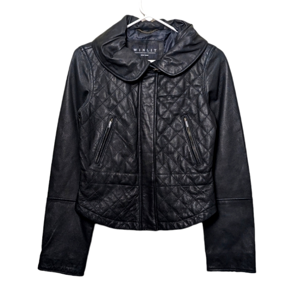 WinLit Black Leather Zip Up Jacket Oversized Collar Luxury Elegant Formal Casual